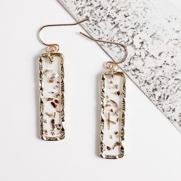 2/$20! Gold Rectangle Earrings w/Metallic Flecks - Picture 4 of 8